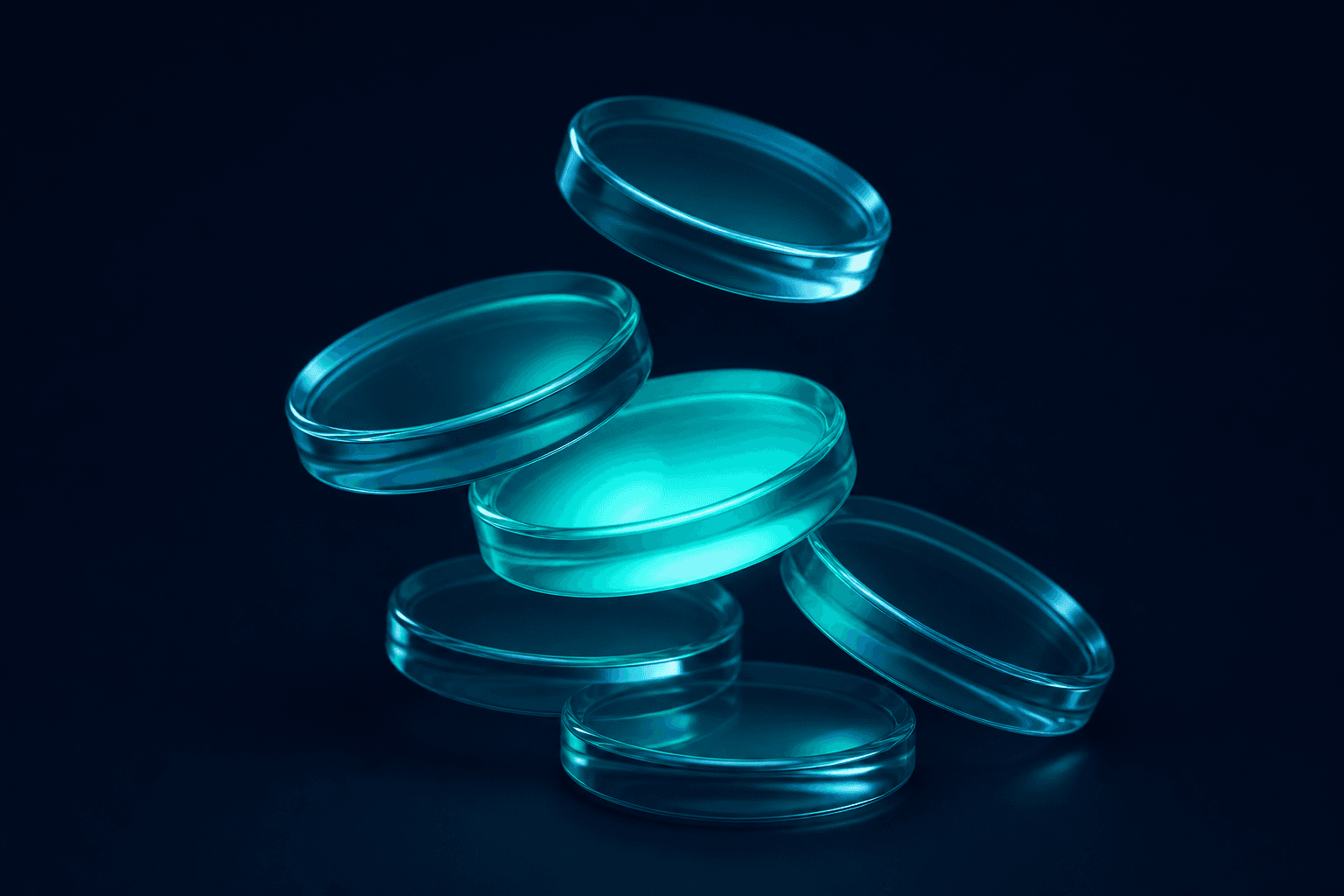 Abstract glass tokens in teal light — the Kyp Stamping loyalty engine